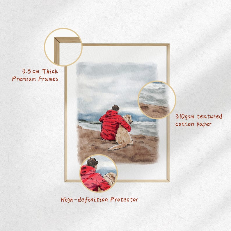 May include: Framed watercolour print showing a person in a red jacket and a golden retriever dog on a beach. The frame is 3.5 cm thick. The print is on 310gsm textured cotton paper. The image is protected by a high-definition protector.