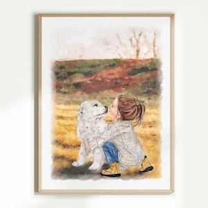 May include: Watercolour print of a girl and a dog. The girl is wearing a plaid shirt, blue jeans, and yellow boots. The dog is white with black spots. The background is a field with a brown and green hill.