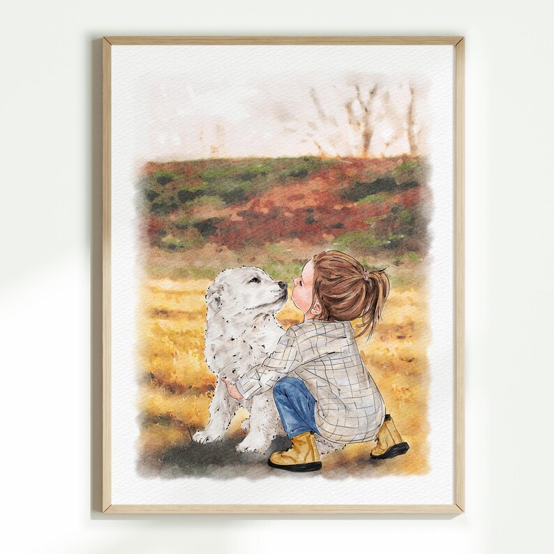 May include: Watercolour print of a girl and a dog. The girl is wearing a plaid shirt, blue jeans, and yellow boots. The dog is white with black spots. The background is a field with a brown and green hill.