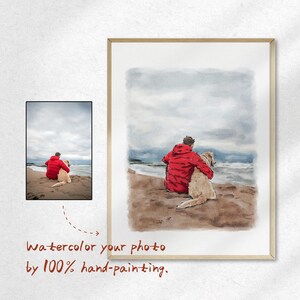 May include: Watercolour painting of a person and a dog on a beach, facing the sea under a cloudy sky. The person wears a red jacket. The artwork is framed in a light wood frame. Text reads: "Watercolor your photo by 100% hand-painting."