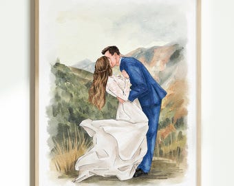 Custom Hand-Drawn Watercolor Couple Portrait from Photo, Wedding Anniversary Gift for Wife Husband Parents, Engagement Gift for Friend