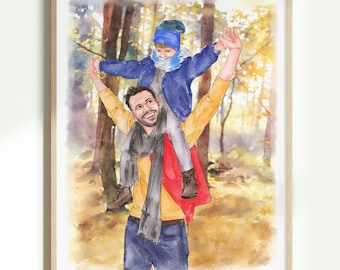 Custom Watercolor Family Portrait, Hand-Painted from Photo, Anniversary Gift from Wife, Gift for Dad, Gift from Daughter, 1st Farther’s Day