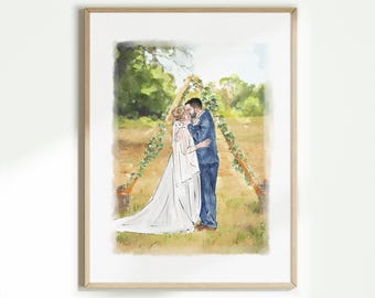 Custom Hand-Drawn Couple Portrait from Photo, Watercolor Wedding Portrait, Custom Wedding Anniversary Gift, Engagement Gift for Couple