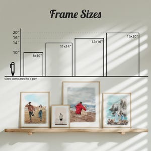 May include: Artwork prints in various sizes, including 20.3 x 25.4 cm, 27.9 x 35.6 cm, 30.5 x 40.6 cm, and 40.6 x 50.8 cm. The image shows framed art prints on a wooden shelf, with the text "Frame Sizes" at the top. The sizes are compared to a pen.