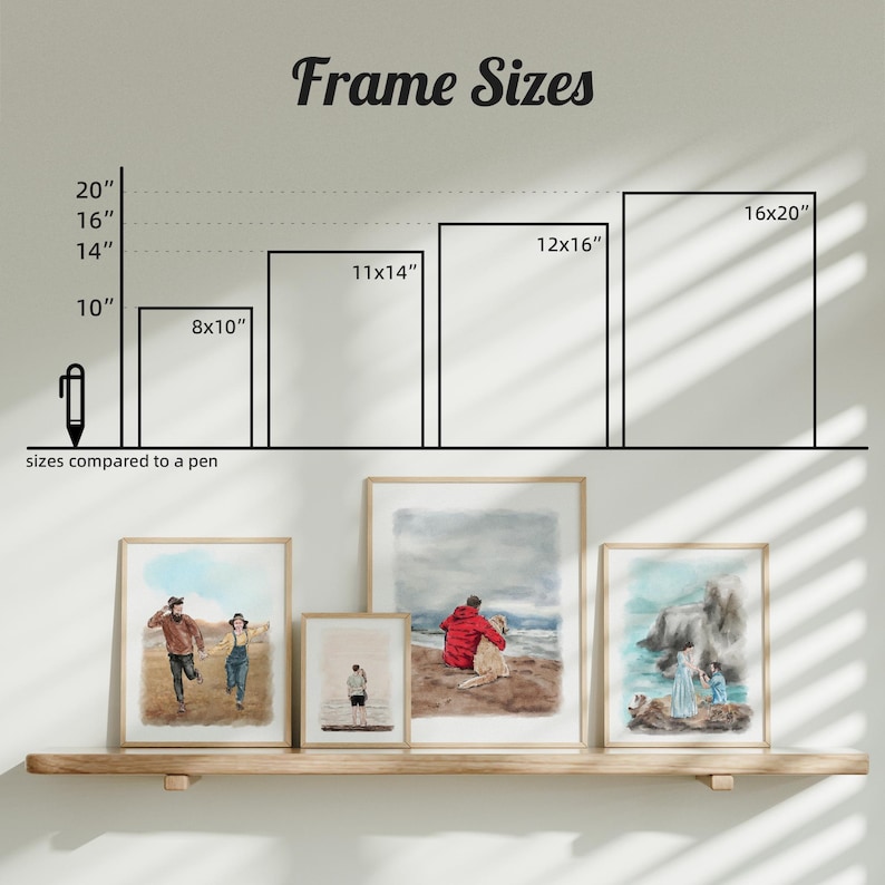 May include: Artwork prints in various sizes, including 20.3 x 25.4 cm, 27.9 x 35.6 cm, 30.5 x 40.6 cm, and 40.6 x 50.8 cm. The image shows framed art prints on a wooden shelf, with the text "Frame Sizes" at the top. The sizes are compared to a pen.