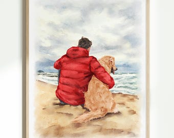Custom Portrait with Pet, Watercolor Pet Portrait from Photo, Couple Portrait with Pet, Gift for Pet Lover, Pet Memorial Gift, Gift for Him
