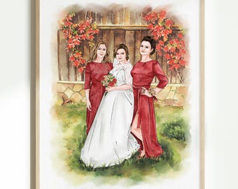 Custom Hand-Drawn Bride & Mother Portrait from Photo, Mother and Daughter Watercolor Portrait, Wedding Portrait, Mother of the Bride Gift