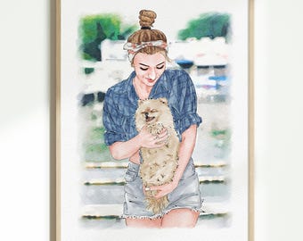 100% Hand-Painted Watercolor Portrait with Pet, Custom Pet Portrait from Photo, Pet Mom Gift, Pet Memorial Art, Pet Lover Gift, Gift for Her