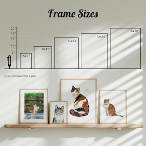 K&ouml;nnte beinhalten: Eine Grafik mit dem Titel Frame Sizes zeigt die Ma&szlig;e 5x7, 8x10, 11x14, 12x16 und 16x20 Zoll neben einem Stift-Symbol. Darunter stehen vier gerahmte Katzenportr&auml;ts auf einem Regal: eine spielende rote Katze, eine getigerte Katze, eine Gl&uuml;ckskatze namens Star und eine rote Katze namens Leo.