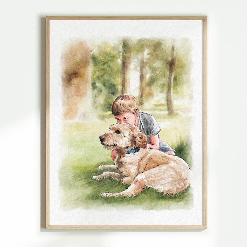 May include: Watercolour painting of a boy and a golden dog lying on grass. The boy wears a grey shirt and leans over the dog, which has a blue collar. The background shows trees and a soft, blurred effect. The artwork is framed.