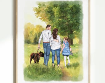 Custom Family Portrait from Photo, Hand-Drawn Watercolor Portrait, Personalized Couple & Pet Portrait, Anniversary Gift, Family Gift