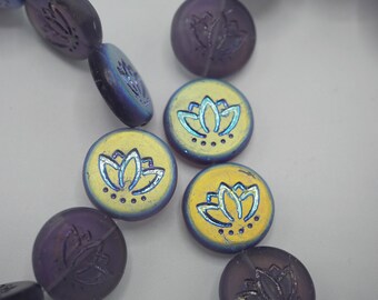 Purple Satin Glass Lotus Bead Iris Finish 13mm Coin Bead with Lotus Design (12 beads) 204338