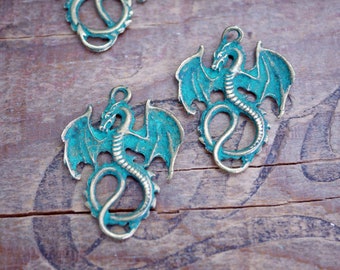 Verdigris Finish Pewter Dragon Charm Green Gold Flying Dragon Pendant Dragon Charm (2 pcs) VS07