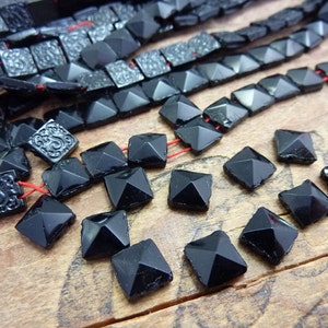 Antique Mourning Jet Glass Beads 8mm Square Nail Head Bead Pointed Square Bead  (12 Beads) JET133