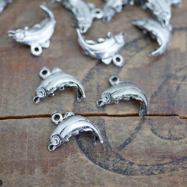 Silver Pewter Salmon Fish Charm 13x10mm with Loop (8 pcs) F114