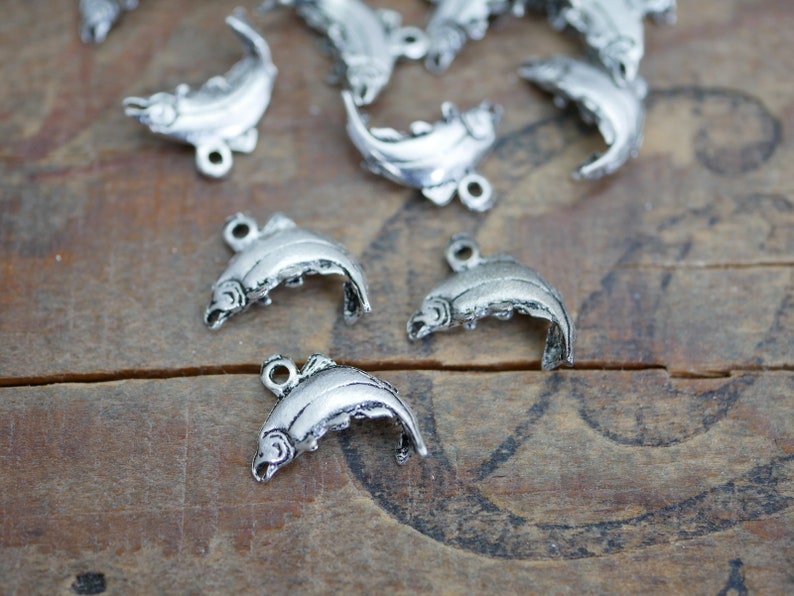 Silver Pewter Salmon Fish Charm 13x10mm with Loop 8 pcs F114 image 1