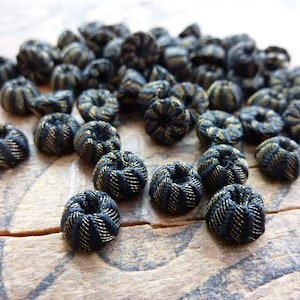 Woven Beads Victorian Era Black and Gold Woven Cloth Beads 7mm (10 beads)