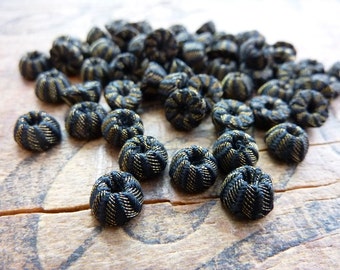 Woven Beads Victorian Era Black and Gold Woven Cloth Beads 7mm (10 beads)