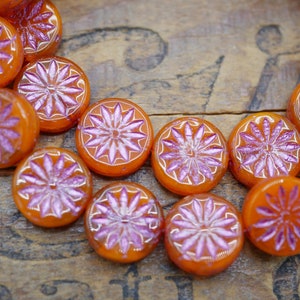 Glass Bead Starburst Sun Coin Shape 12mm Pink Metallic on Orange Glass Czech Glass Bead (15 pcs) 204458