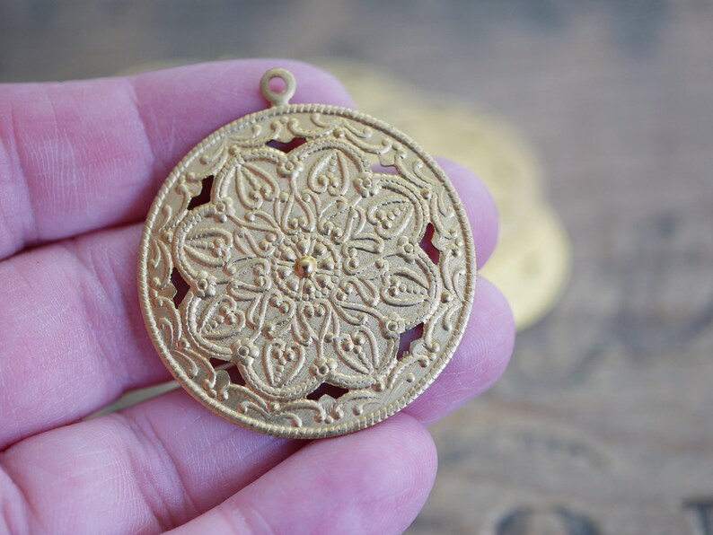 Ornate Brass Pendant with Loop For Hanging Floral Stamping 35mm Brass Stamping 1 GK36 image 4