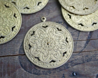 Ornate Brass Pendant with Loop For Hanging Floral Stamping 35mm Brass Stamping (1) GK36