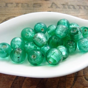 Vintage German Glass Bead Foil Lamp Work Beads Teal Color with Silver Foil Vintage (6 beads) EW136