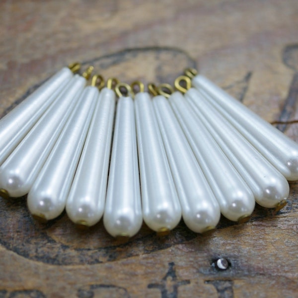 Vintage Faux Pearl Drops Long Slender White Acrylic Pearl Drops 24x6mm Gold Wire Loop Lightweight (10 pcs) HP38