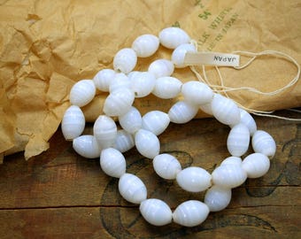 Vintage Glass Beads Japanese White Opal Milk Glass 14x10mm Beads (Strand of 36 beads)