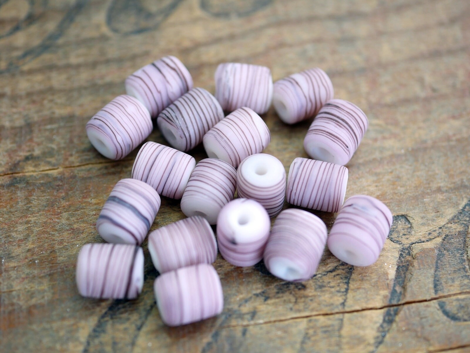 Matte Striped Tube Glass Bead Pink Stripes White Base 10x8mm Etsy