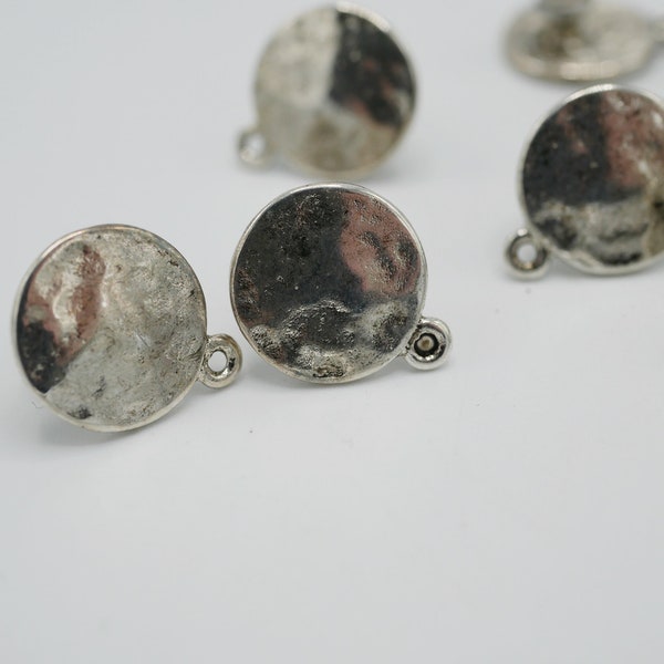 Silver Color Hammered Post Earring Tops with Loop For Dangles 14mm  (3 pairs- 6 pcs total)