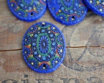 Vintage Mosaic Design Glass Cabochon with Two Holes Royal Blue Mosaic Cabochon 32x25mm (1) J201
