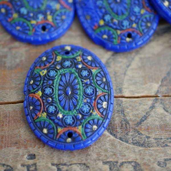 Vintage Mosaic Design Glass Cabochon with Two Holes Royal Blue Mosaic Cabochon 32x25mm (1) J201