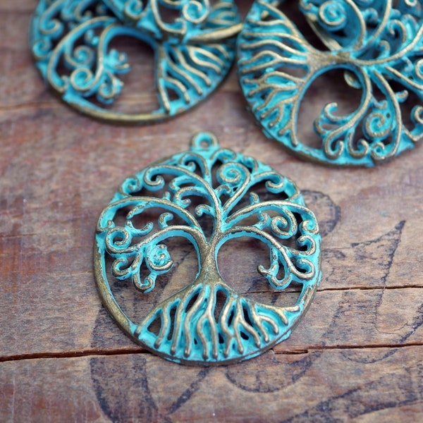 Verdigris Finish Pewter Tree of Life Pendant Large Necklace Pendant 33mm Blue Green Tree of Life (2 pcs) VS03