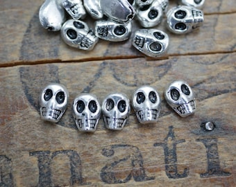 Tiny Pewter Skull Beads: Silver Charms, 8x6mm (24 Beads)