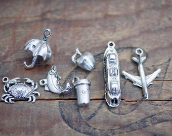 Pacific Northwest Pewter Charm Set Umbrella Crab Salmon Coffee Cup Apple Ferry Boat Airplane Charms Silver Pewter Charms (7 pcs)