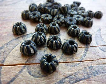 Woven Cloth Bead Victorian Era Antique Black and Gold Woven Cloth Beads 8mm (10 Beads)