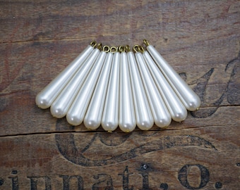 Vintage Faux Pearl Drops Long Slender Cream Color Acrylic Pearl Drops 35x8mm Gold Wire Loop Lightweight (10 pcs) HP37