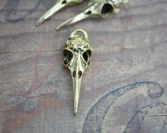 Pewter Bird Skull Charm Gold Skeleton Charm with Flower and Loop for Hanging (1) P210