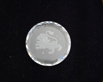 Etched Glass Pendant Lion Pendant Zodiac Leo Pendant Faceted Edge Glass Pendant (1) K234