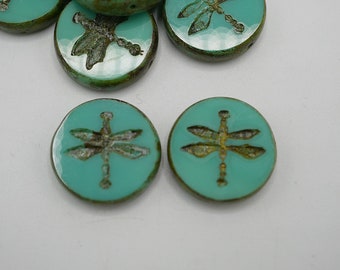 Dragonfly Beads Picasso Finish Turquoise Green Glass 18mm Coin Beads (2 beads) 301079