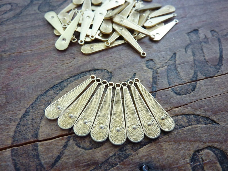 RB Brass Long Teardrop Stamping Charm Dangle Raw Brass Made in the USA 8 pcs image 1