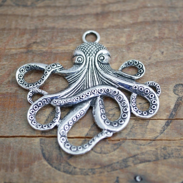 Large Octopus Pendant Silver Pewter Heavy Solid Octopus Pendant with Loop 60mm ( 1 pc) WN5051