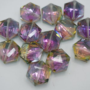 Faceted Crystal Beads Flashy Pink Green Color Large Hexagon Bead 15x12mm  (6 pcs) HC26