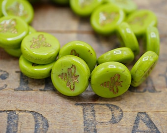 Glass Bead Bee Beads Gold on Chartreuse Green Glass Flat Coin 12mm Gold Bee (12 beads) 203960