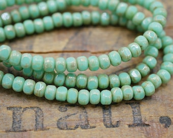 Glass Bead Three Cuts Sea Green with Picasso Finish Bead Strand Tri Cut Beads 3x4mm Small Beads (48 Beads)