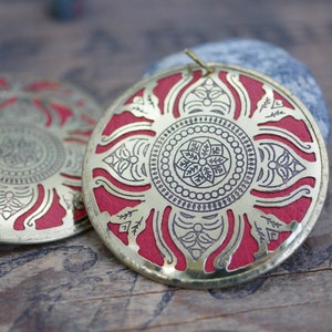 Lightweight Ornate Brass Pendant with Red Leather Backing 2 Inch Diameter (1 pcs) KA4