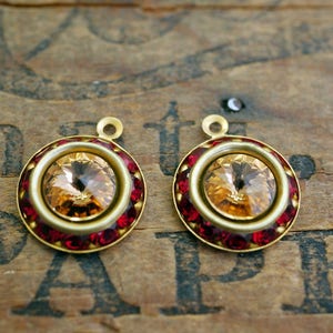 Vintage Rhinestone Drops Siam Red Set with Swarovski Colorado Light Topaz 15mm Drop Earring Drops (2)
