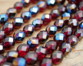 Faceted Glass Bead Red Garnet with Metallic Half Finish 8mm Firepolish Glass Bead  (25 Beads) PA42