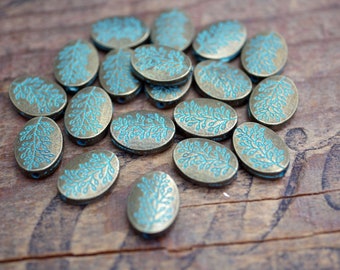 Verdigris Finish Pewter Beads Long Oval Beads 15x10mm Bronze Color with Blue Green Accent (8 beads) VS19