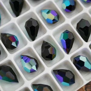 Faceted Teardrop Bead Jet Black with AB 9x15mm with Top Hole Preciosa Crystal Beads (4) PA39